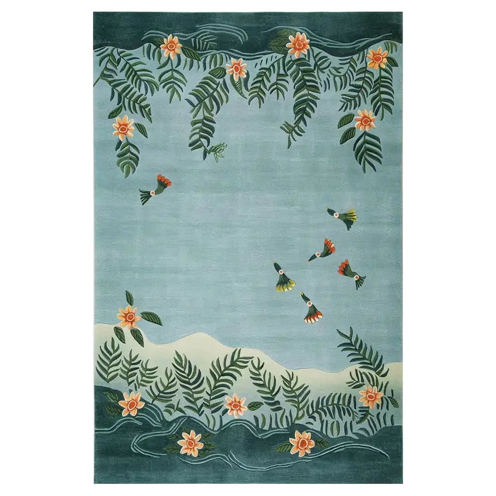 Beautiful Humming Haven Knotted Wool Rug showcasing a serene nature-inspired design. Perfect for adding elegance to living room area rugs, this large wool rug features colorful birds and floral patterns, making it an ideal choice for large living room rugs.