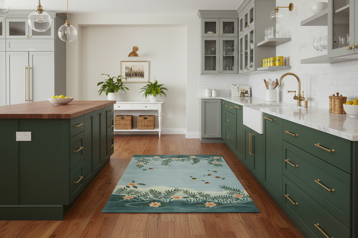 Modern kitchen with green cabinets, wooden island, and decorative rug on wooden floor.