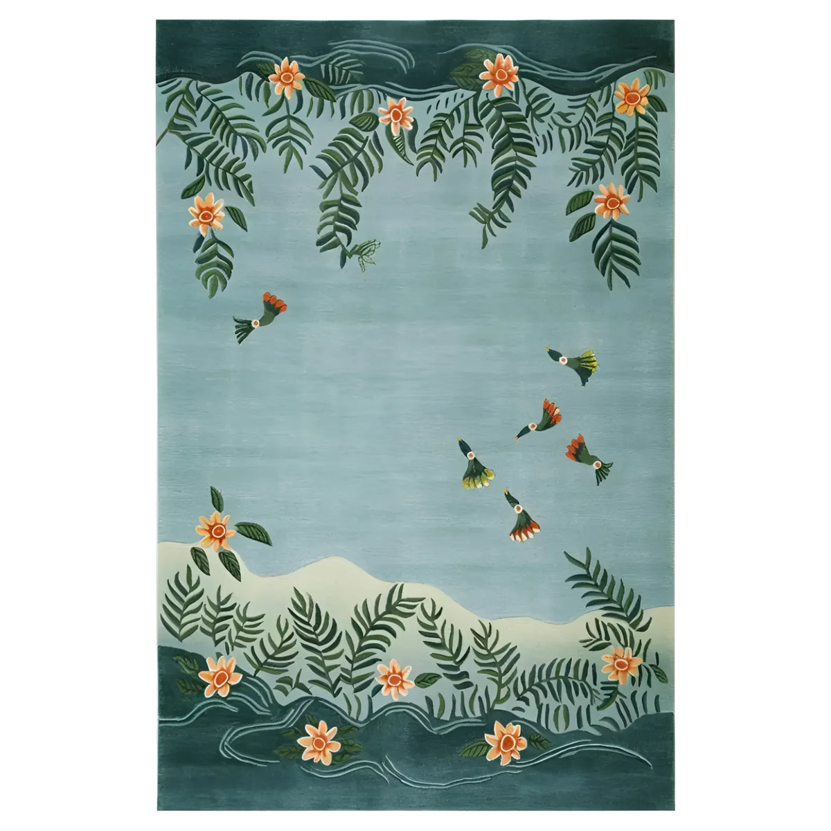 Beautiful Humming Haven Knotted Wool Rug showcasing a serene nature-inspired design. Perfect for adding elegance to living room area rugs, this large wool rug features colorful birds and floral patterns, making it an ideal choice for large living room rugs.