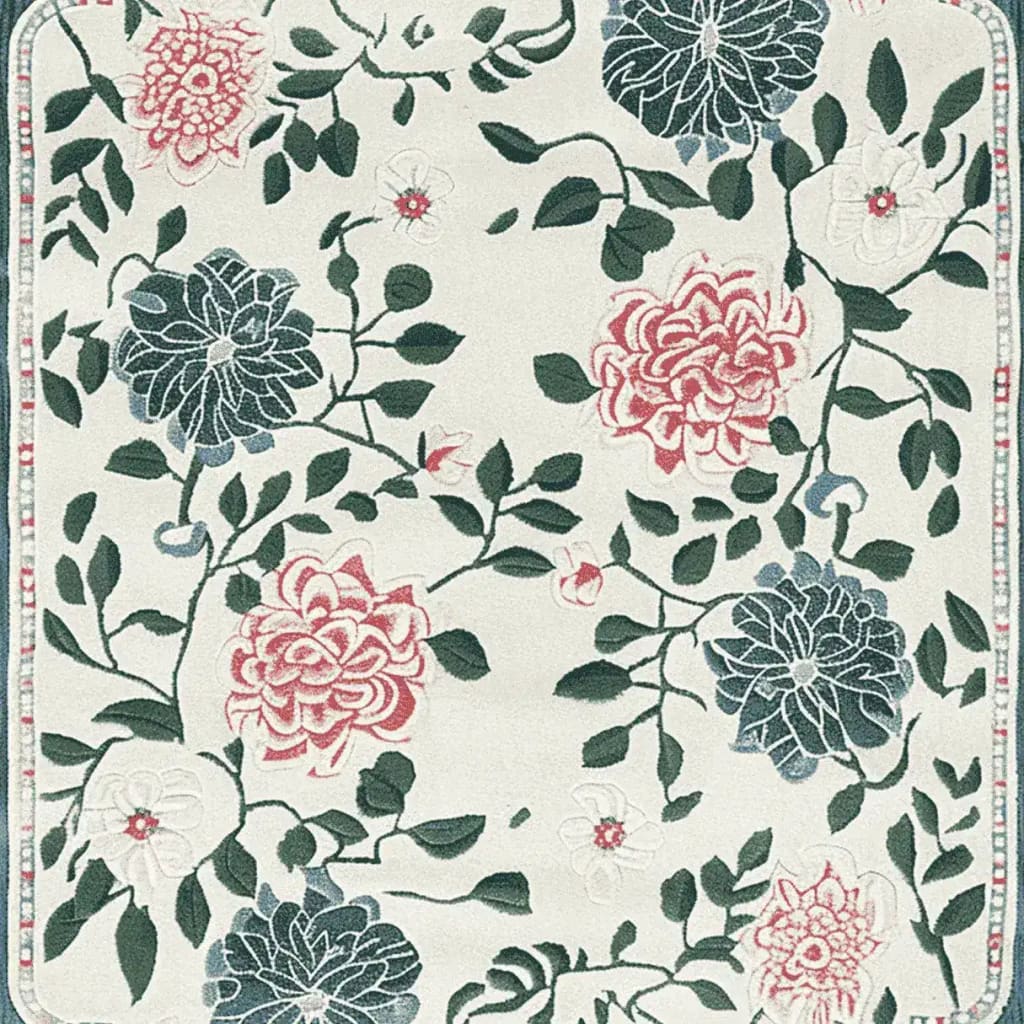 Beautiful area rug featuring a hand-tufted floral design with lush green leaves and vibrant pink and blue blooms. This wool rug is perfect for enhancing large living room spaces, adding a touch of nature-inspired elegance to your decor.