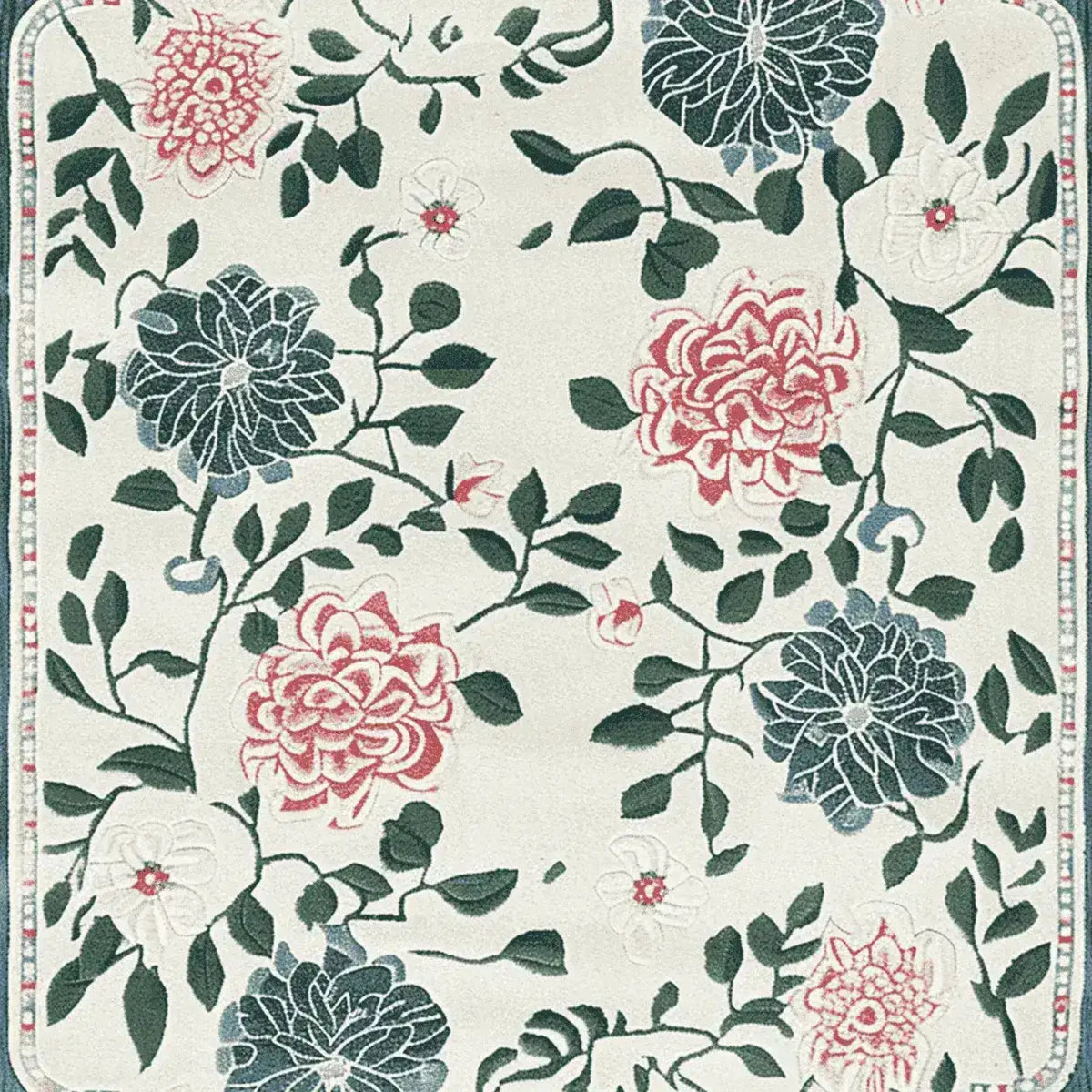 Beautiful area rug featuring a hand-tufted floral design with lush green leaves and vibrant pink and blue blooms. This wool rug is perfect for enhancing large living room spaces, adding a touch of nature-inspired elegance to your decor.