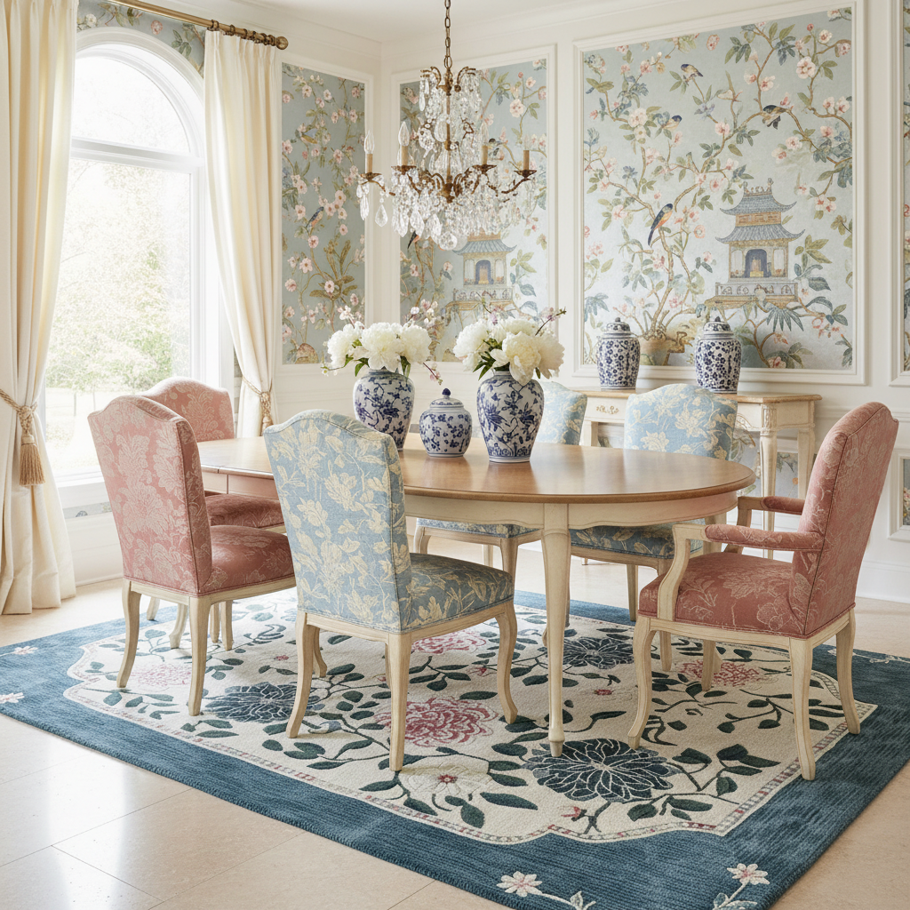 Dining room with floral rug, round table, and patterned chairs.