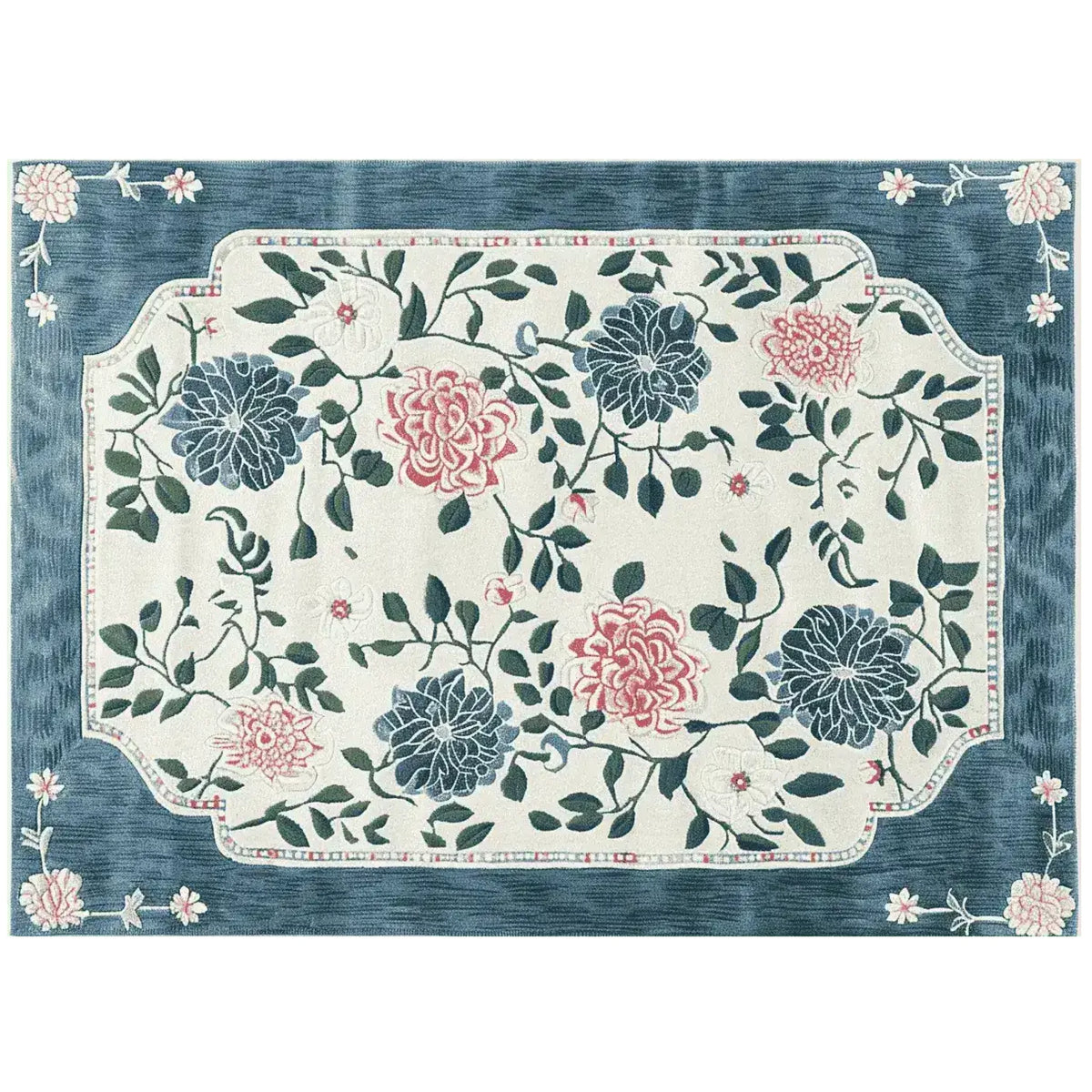 A beautifully designed area rug featuring an intricate floral pattern with vibrant pink and blue flowers against a cream background. This wool rug adds elegance to large living room spaces, perfect for enhancing the decor with its lush, hand-tufted texture.