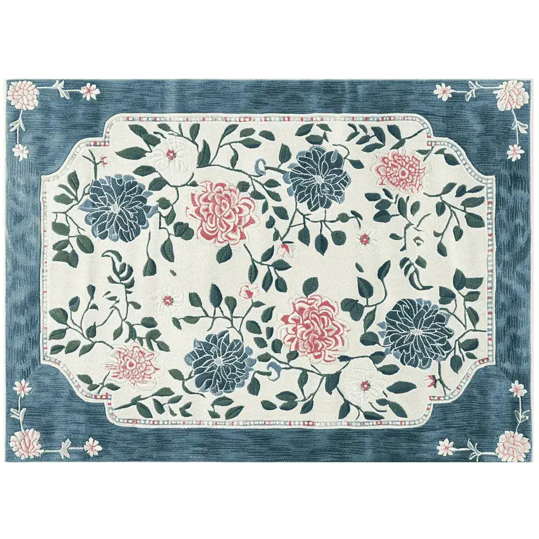 A beautifully designed area rug featuring an intricate floral pattern with vibrant pink and blue flowers against a cream background. This wool rug adds elegance to large living room spaces, perfect for enhancing the decor with its lush, hand-tufted texture.