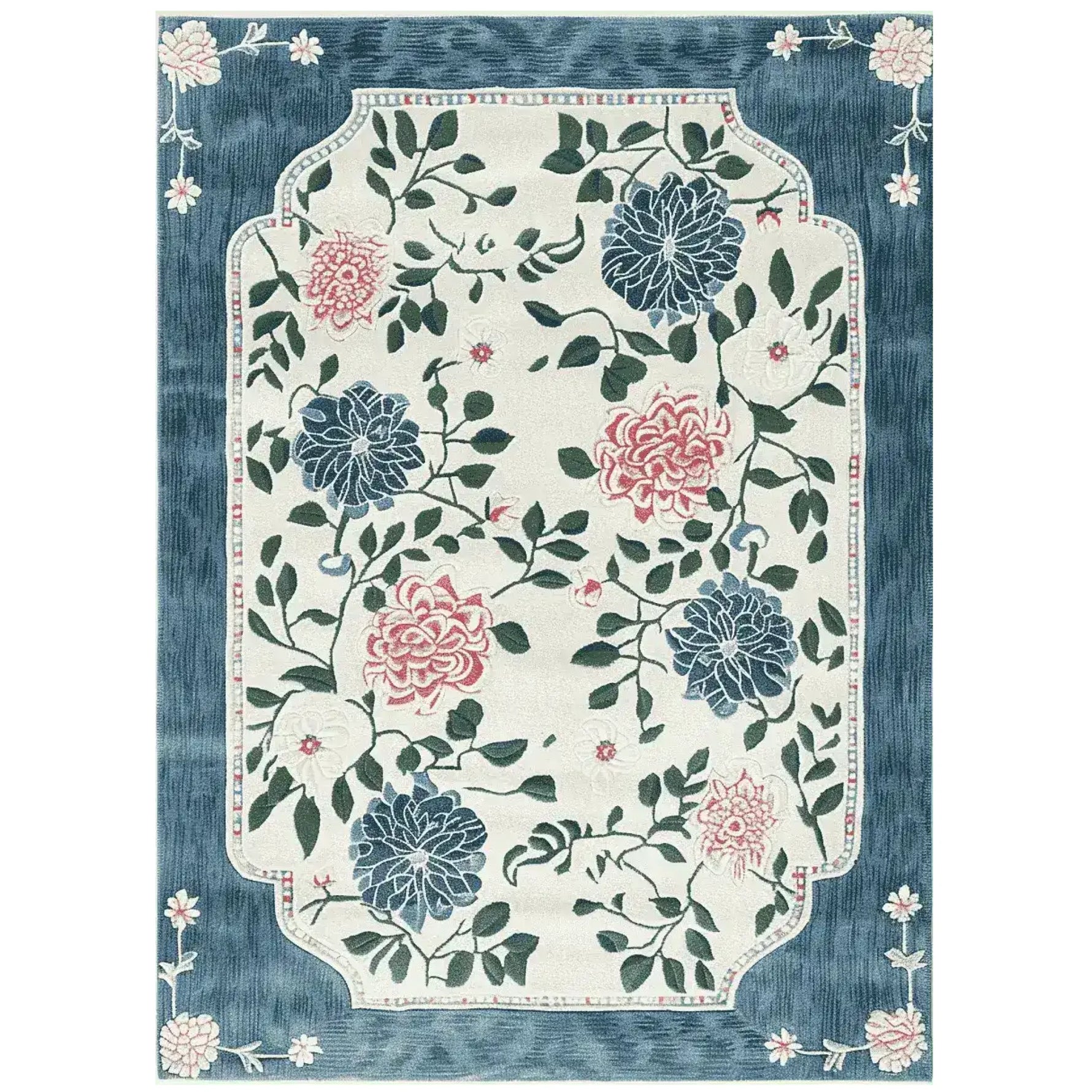 The Hushed Bloom Tangle Hand Tufted Rug is a stunning area rug featuring a vibrant floral design. This wool rug showcases intricate blue and pink blossoms intertwined with green leaves, set against a soft cream background. Perfect for large living rooms, this floral rug adds a touch of elegance and warmth, making it an ideal choice for area rugs in the living room.