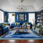 Modern living room with blue walls, a blue sofa, a contemporary hand-tufted wool rug, and decorative elements.