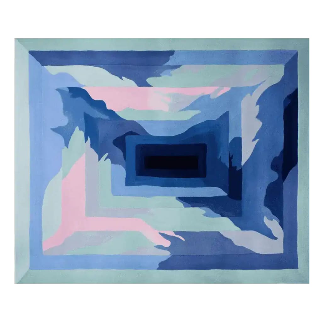 A stunning Icebound Dream Field Hand Tufted area rug, showcasing an abstract contemporary design with captivating blue and pink shades. This wool rug is perfect for adding a touch of modern elegance to any living room.