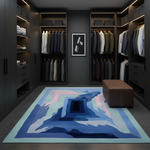 Modern walk-in closet with dark wood cabinets, clothes, and a colorful rug on the floor.