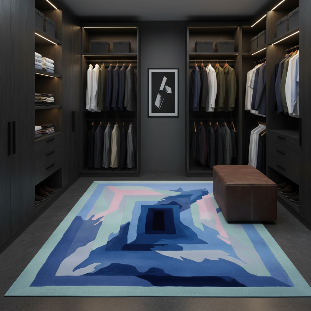 Modern walk-in closet with dark wood cabinets, clothes, and a colorful rug on the floor.