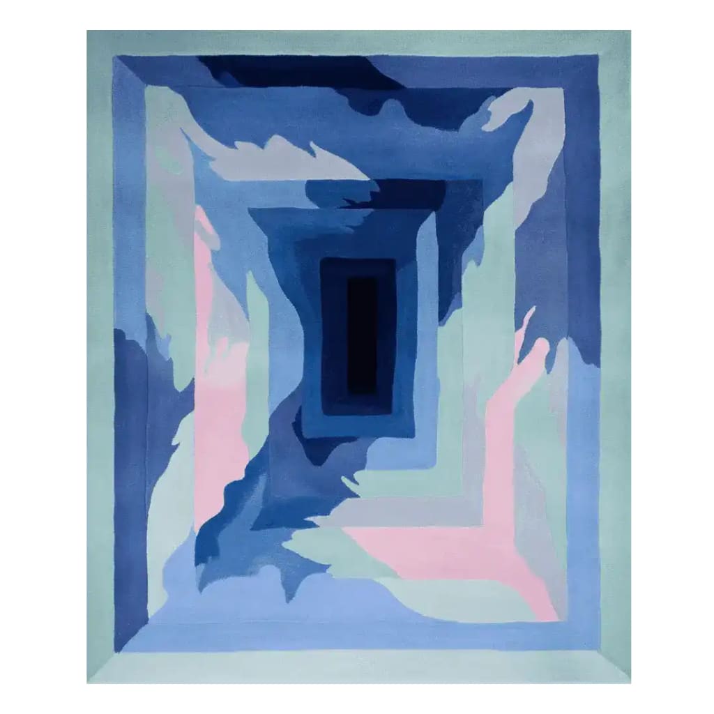 A stunning area rug featuring an abstract design with shades of blue, pink, and green. This contemporary wool rug adds a modern touch to any living room, showcasing a unique icebound dream field pattern.