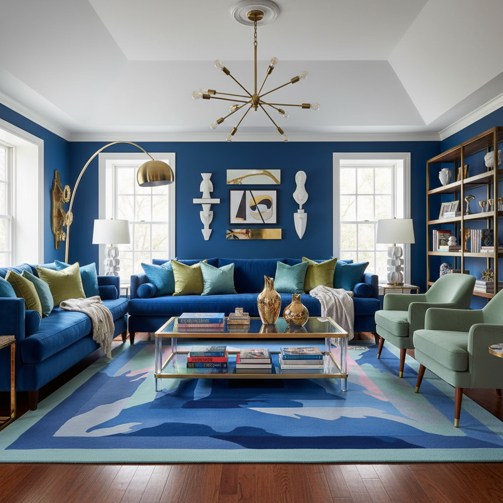 Modern living room with blue walls, a blue sofa, a contemporary hand-tufted wool rug, and decorative elements.