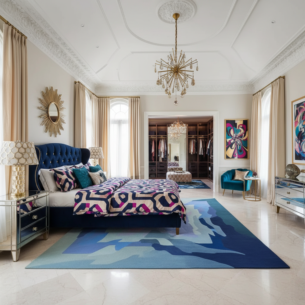 Luxurious bedroom with a blue rug, colorful bedding, and elegant decor.