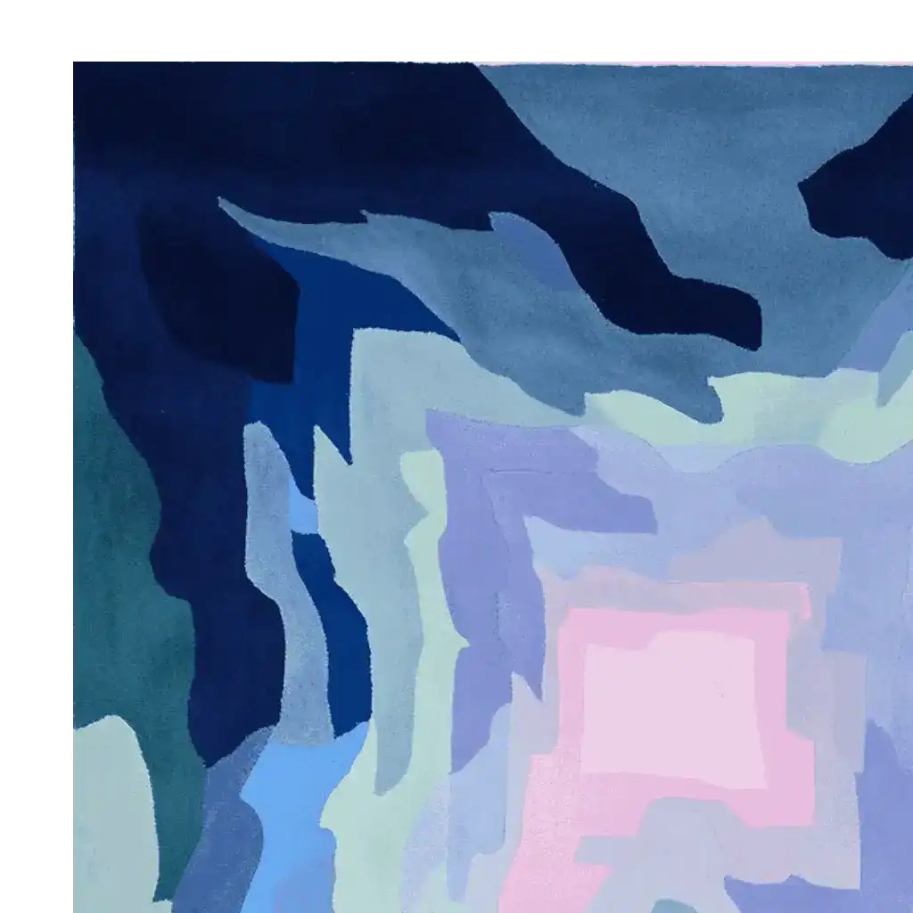 This image showcases the Iced Prism Hand Tufted Area Rug, a contemporary wool rug featuring an abstract design in shades of blue, purple, and pink. Perfect for living rooms, this square rug offers an artistic touch to any space, ideal as a living room rug 8x10.