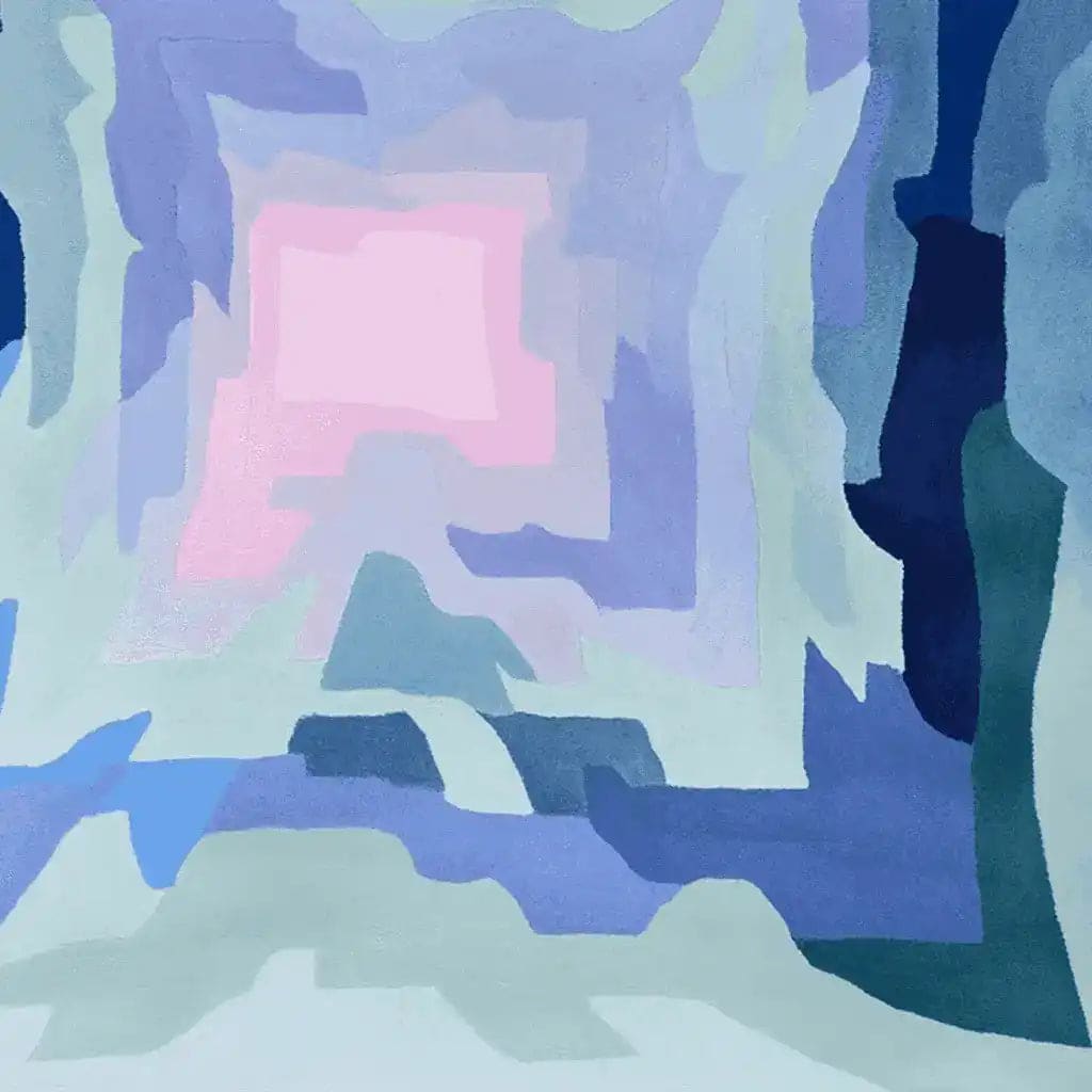 This contemporary area rug features an abstract design with soothing shades of blue, pink, and green, ideal for adding a modern touch to your living space. The square area rug, perfect for an 8x10 living room, is hand tufted from high-quality wool, ensuring durability and comfort underfoot.