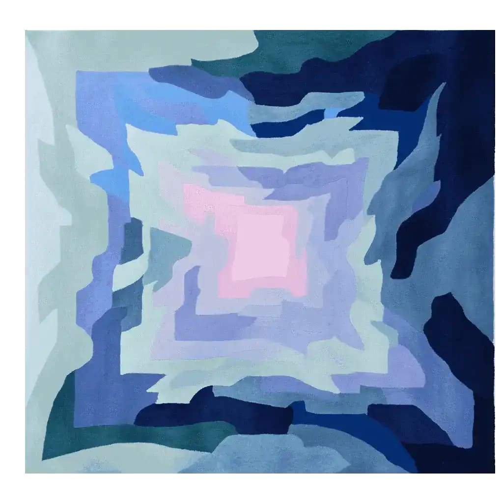 The Iced Prism Hand Tufted Rug showcases a stunning abstract design with a blend of cool blues, purples, and pinks. This square area rug is perfect for adding a contemporary touch to your living room. Measuring 8x10, this wool rug combines style and comfort, making it an ideal choice for modern living spaces.