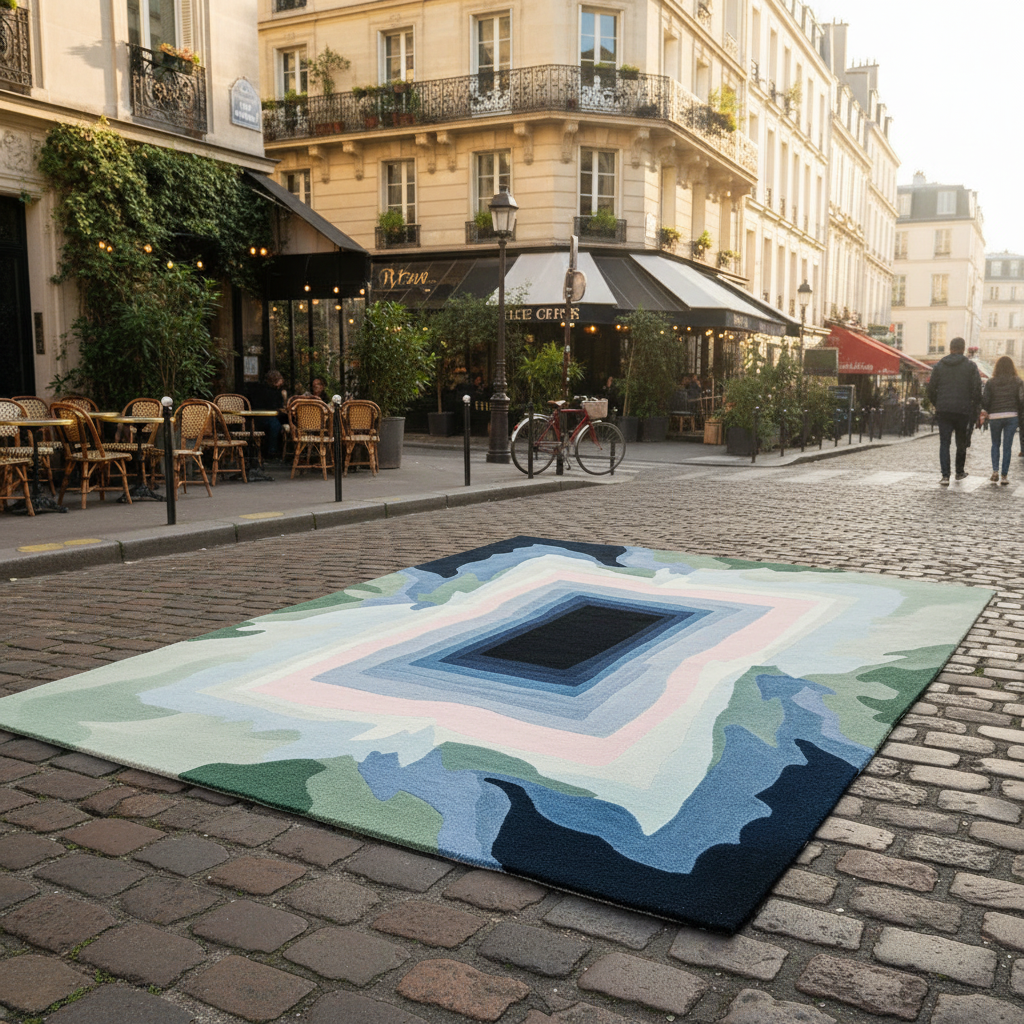 Colorful geometric rug on a cobblestone street with a cityscape background