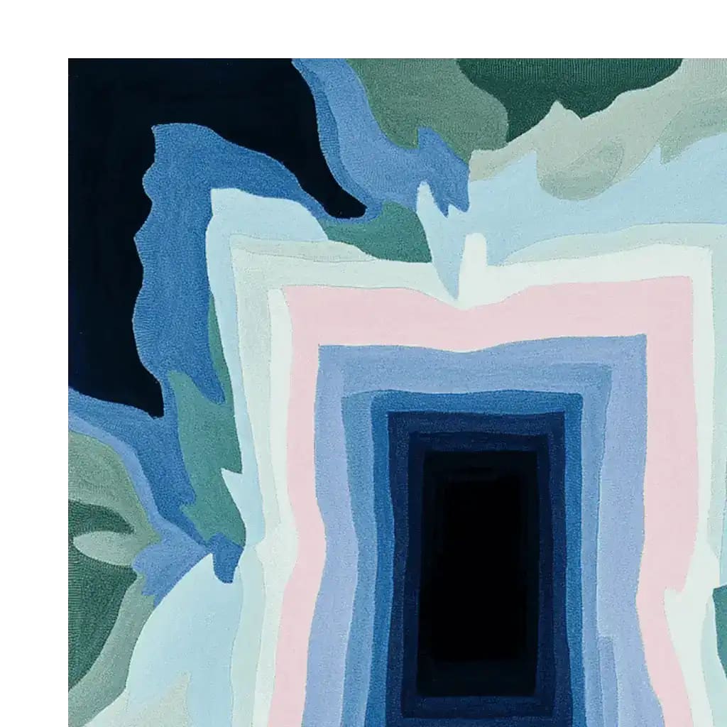 The Icy Mirage Layers Hand Tufted Rug features a captivating abstract design with layers of blue, green, and pink hues. This contemporary wool area rug is perfect for adding a touch of modern elegance to large living rooms. Ideal for those seeking stylish area rugs for living room spaces.