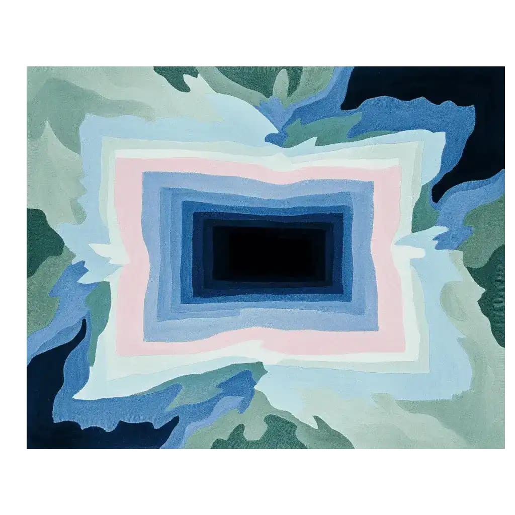 Top view of the Icy Mirage Layers Hand Tufted Area Rug, showcasing an abstract design with layered colors in blues, greens, and pinks. This contemporary wool rug is perfect for large living rooms, offering a stylish touch to any space. Ideal for those seeking area rugs for living rooms that combine modern aesthetics with high-quality craftsmanship.