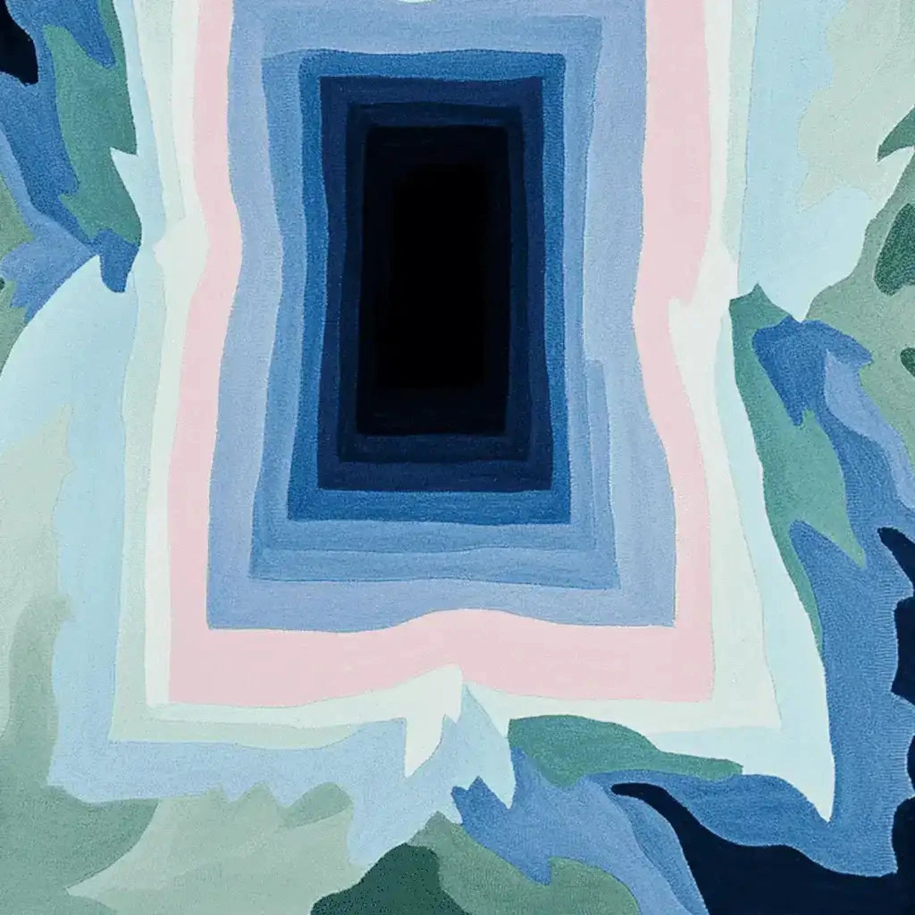 Top view of the Icy Mirage Layers Hand Tufted Rug, an area rug with a contemporary design featuring abstract layers in shades of blue, green, and pink. This wool rug is ideal for large living rooms, offering a modern and stylish touch to any space.