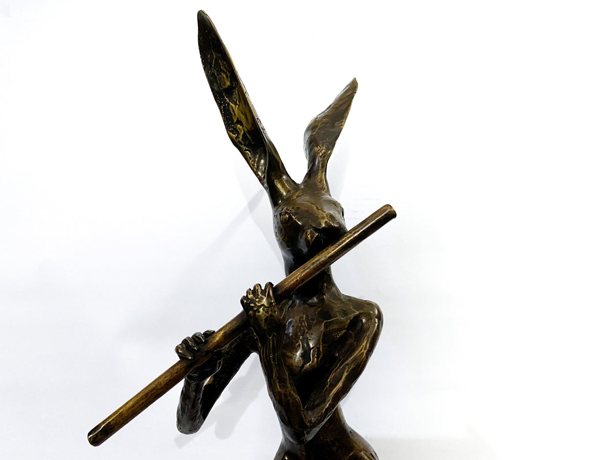 Bronze Rabbit Playing Flute Sculpture