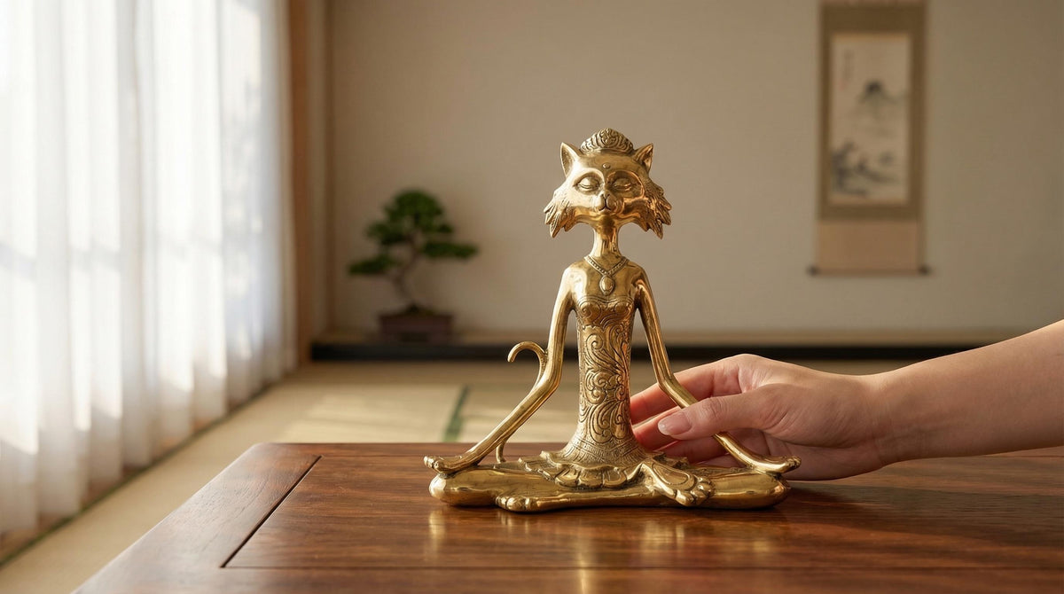 Solid Brass Meditating Cat Statue