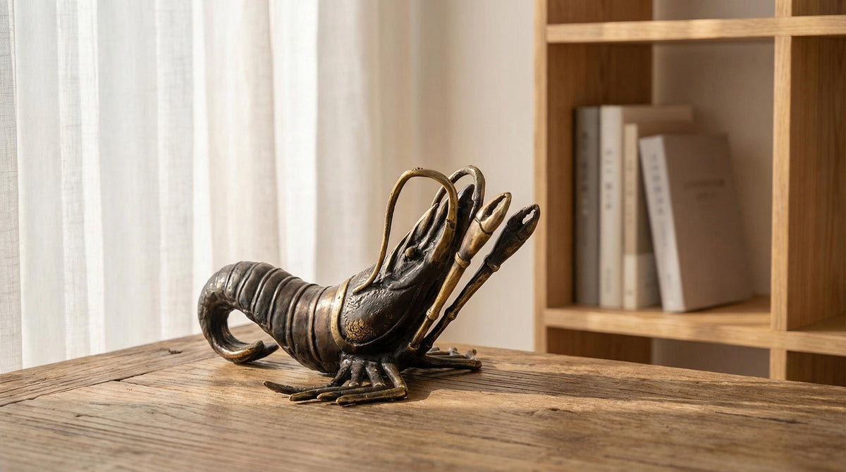 Large Solid Brass Shrimp Statue
