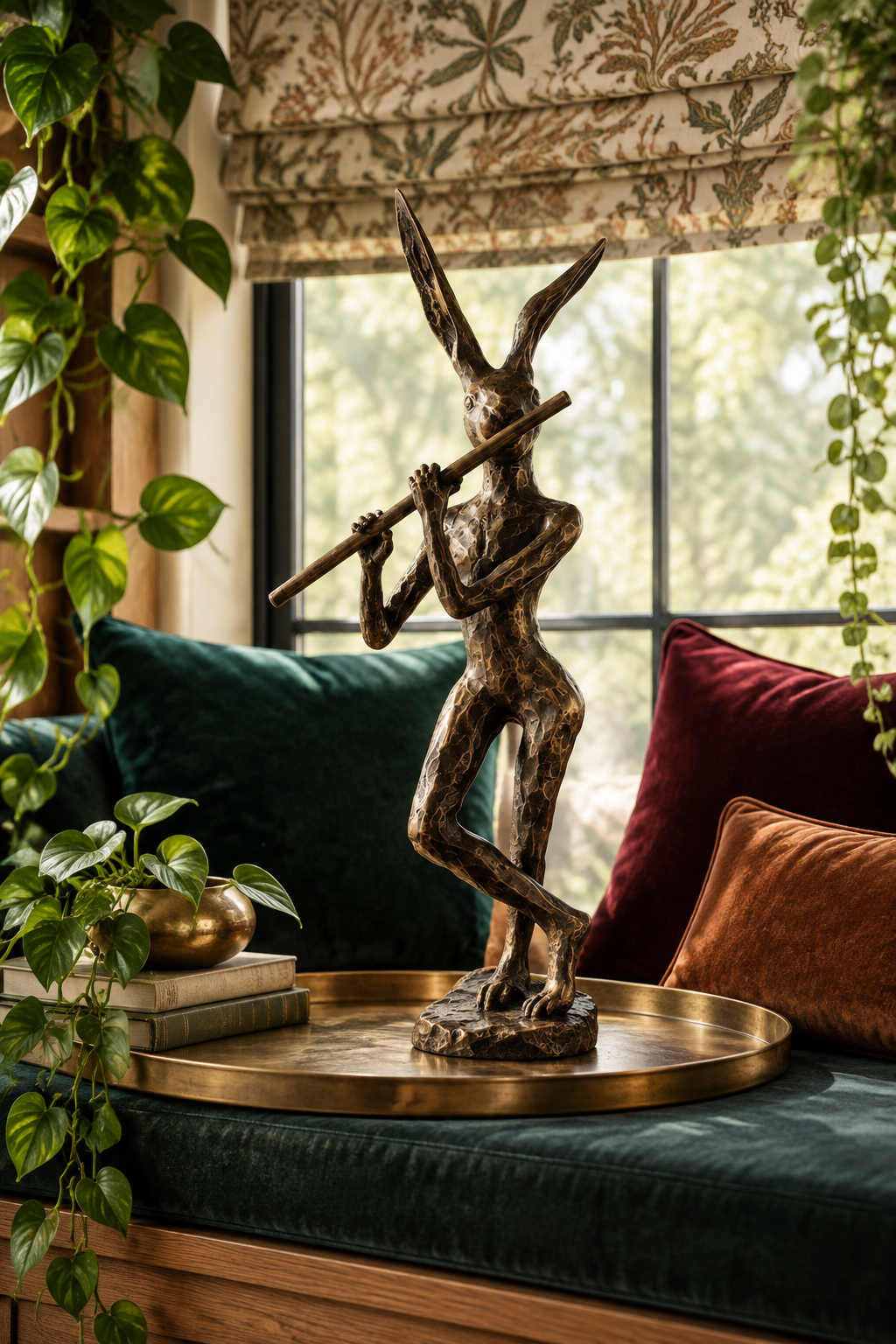 Bronze Rabbit Playing Flute Sculpture