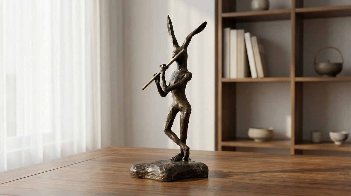 Bronze Rabbit Playing Flute Sculpture