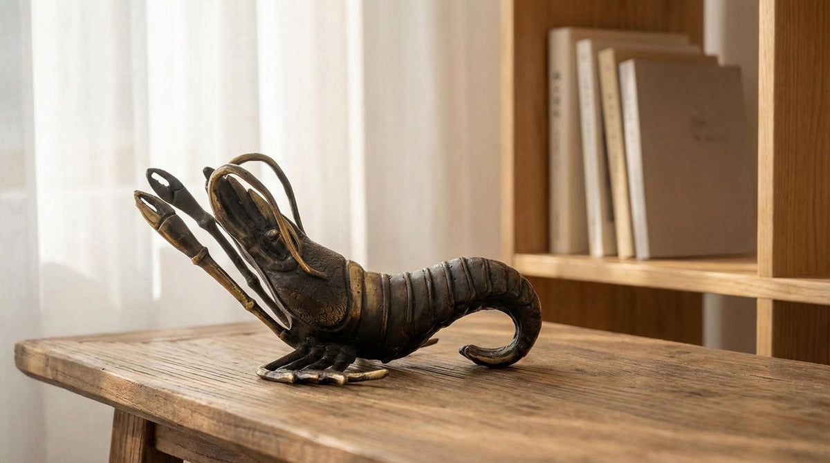 Large Solid Brass Shrimp Statue