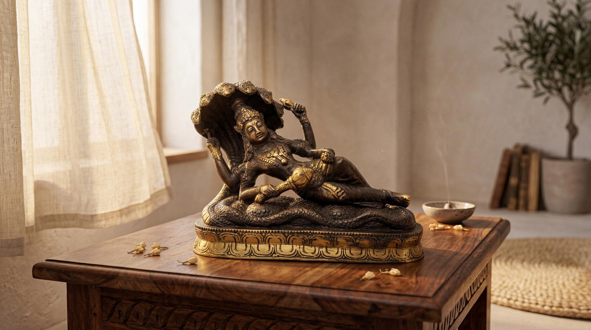 Solid Brass Vishnu Resting on Serpent Statue