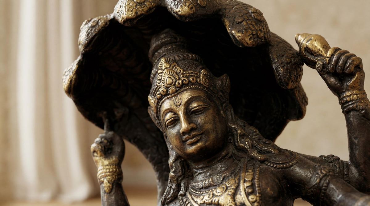 Solid Brass Vishnu Resting on Serpent Statue