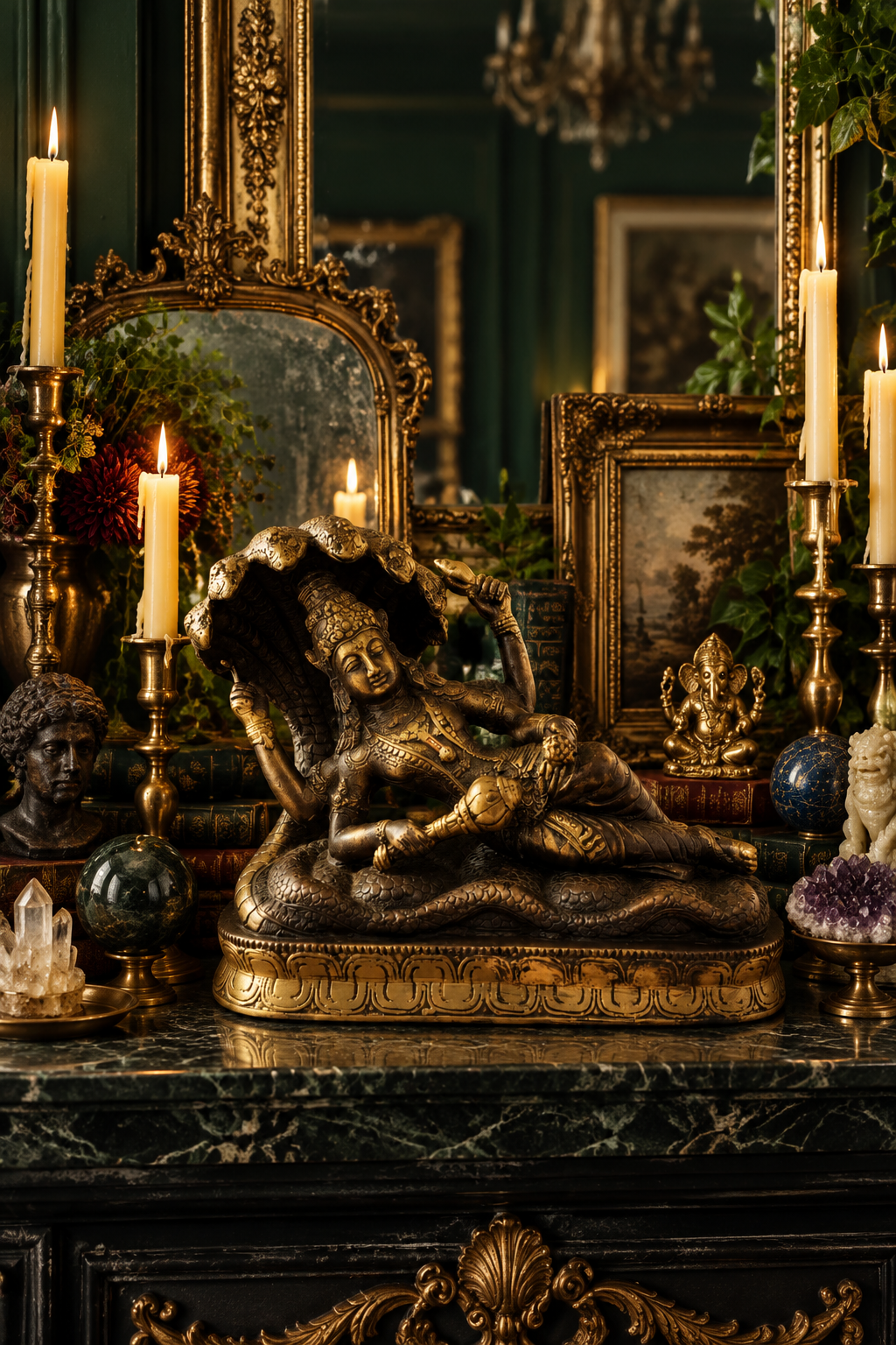 Solid Brass Vishnu Resting on Serpent Statue