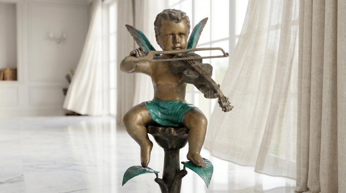Bronze Cherub Violin Statue