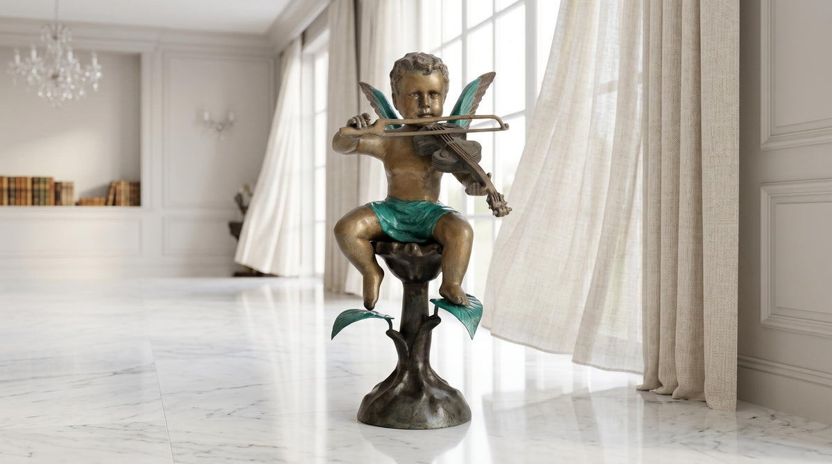 Bronze Cherub Violin Statue