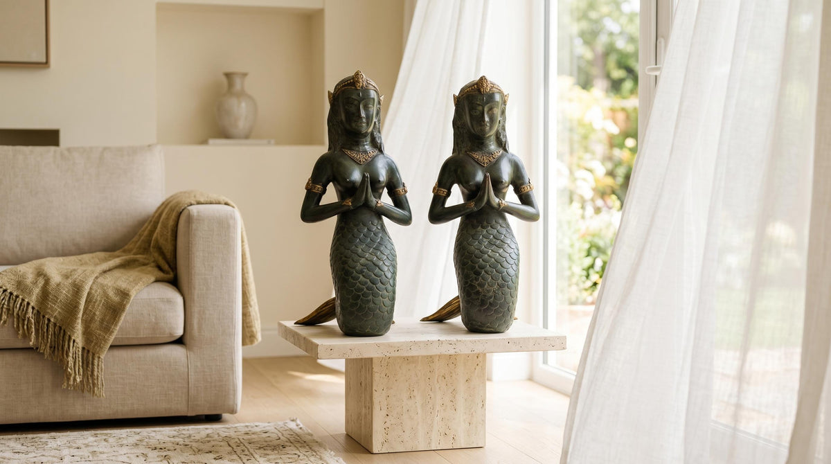 Bronze Praying Mermaid Statues - Pair