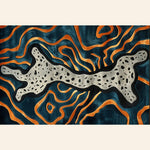 Top view of the Illusionary Prowess Hand Tufted Area Rug, featuring an abstract design with bold, swirling orange and blue patterns, perfect for adding a contemporary touch to living rooms or bedrooms. This wool rug enhances any space with its vibrant colors and unique style, making it ideal as a living room area rug or bedroom rug.