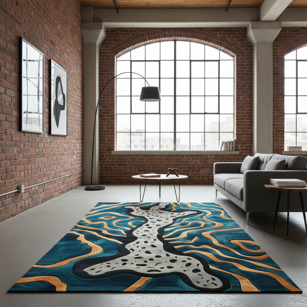 Modern living room with a colorful abstract rug, gray sofa, and large windows.