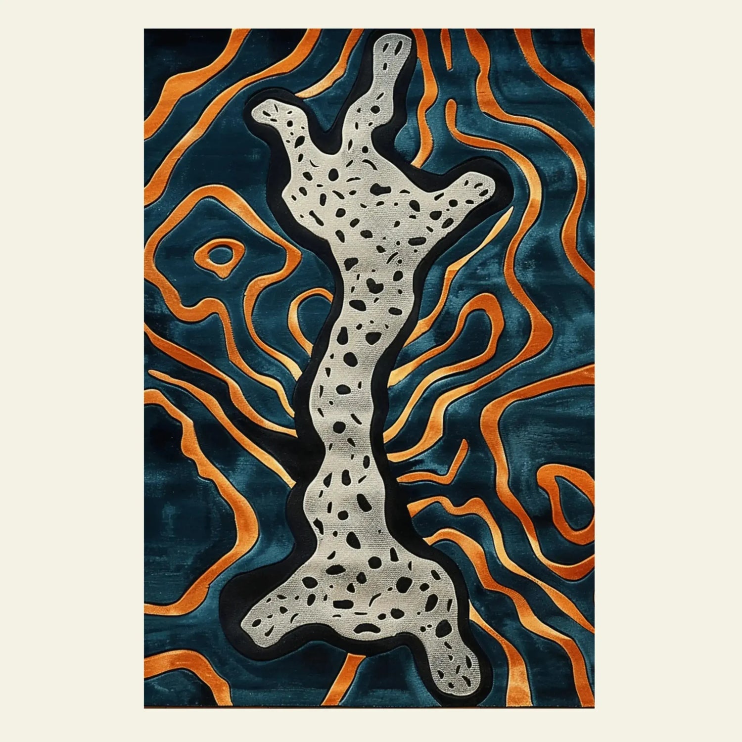 The Illusionary Prowess Hand Tufted Rug showcases a striking abstract design with swirling orange and black patterns against a deep blue backdrop. This contemporary area rug, crafted from high-quality wool, is perfect for adding a bold touch to bedrooms and living rooms. Ideal for those seeking unique bedroom rugs or living room area rugs that blend art and function seamlessly.