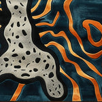 A striking hand-tufted area rug featuring an abstract design with bold black and white spotted patterns resembling a modern interpretation of animal prints, set against a dynamic background of flowing orange and deep blue waves. Perfect for adding a contemporary flair to bedrooms or living room area rugs, this wool rug enhances any space with its artistic appeal.