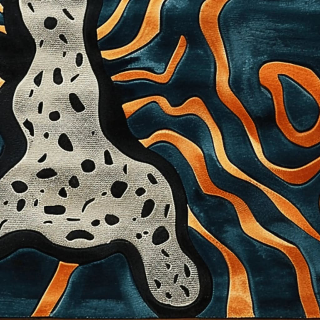 A striking hand-tufted area rug featuring an abstract design with bold black and white spotted patterns resembling a modern interpretation of animal prints, set against a dynamic background of flowing orange and deep blue waves. Perfect for adding a contemporary flair to bedrooms or living room area rugs, this wool rug enhances any space with its artistic appeal.