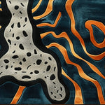 A striking hand-tufted area rug featuring an abstract design with bold black and white spotted patterns resembling a modern interpretation of animal prints, set against a dynamic background of flowing orange and deep blue waves. Perfect for adding a contemporary flair to bedrooms or living room area rugs, this wool rug enhances any space with its artistic appeal.