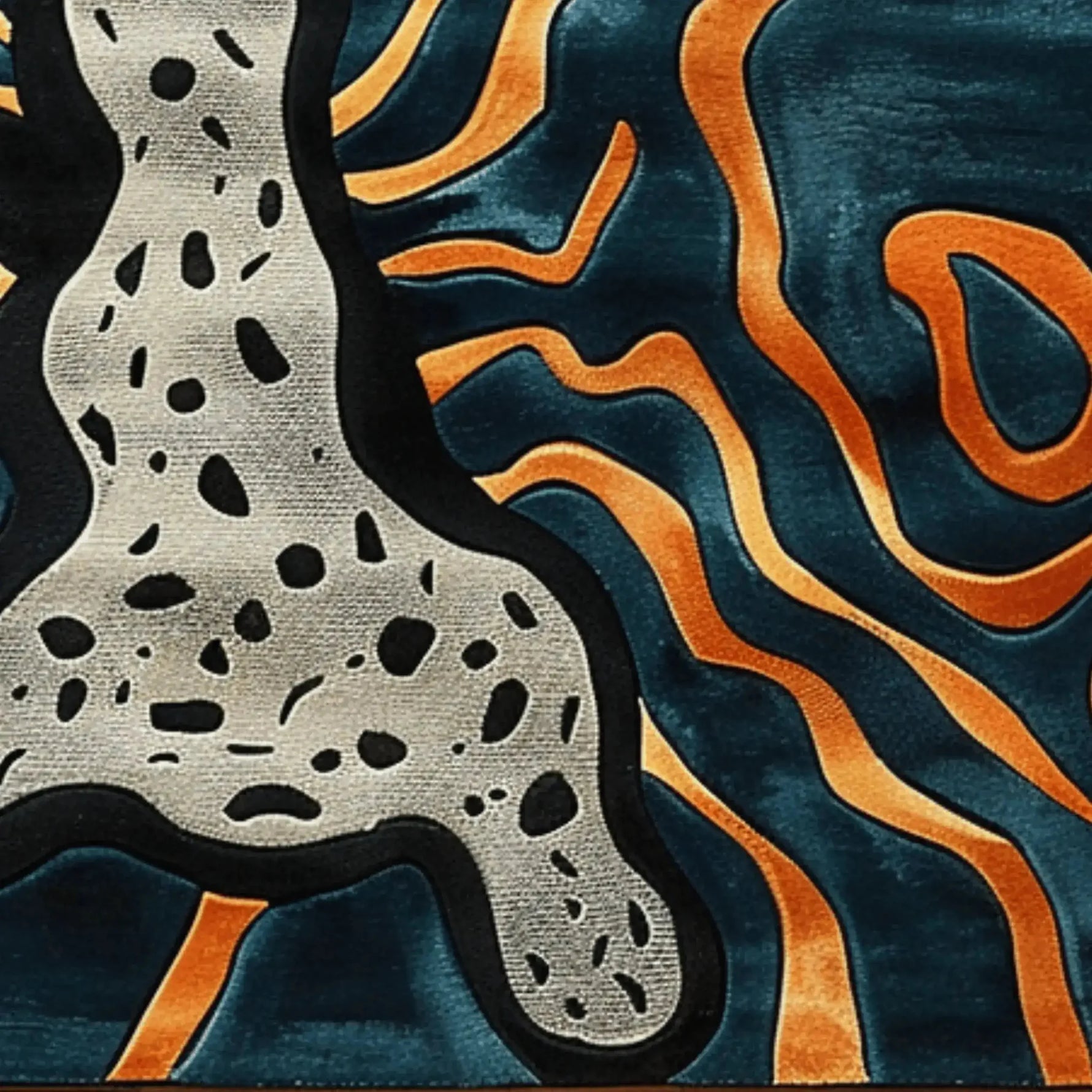A striking hand-tufted area rug featuring an abstract design with bold black and white spotted patterns resembling a modern interpretation of animal prints, set against a dynamic background of flowing orange and deep blue waves. Perfect for adding a contemporary flair to bedrooms or living room area rugs, this wool rug enhances any space with its artistic appeal.