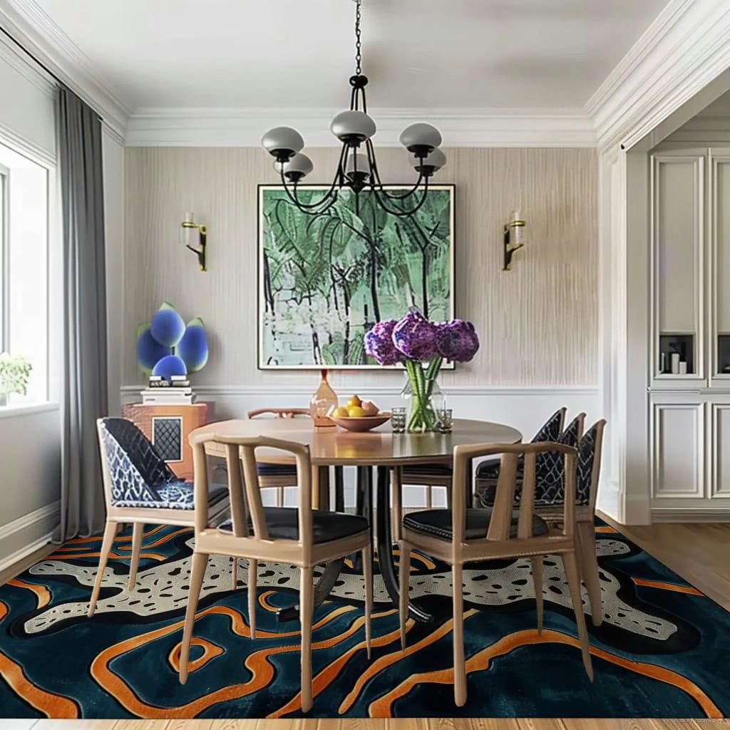 A stylish dining room featuring the Illusionary Prowess Hand Tufted Rug, an area rug with a contemporary abstract design. The rug's vibrant colors complement the room's elegant decor, making it an ideal choice for both bedroom and living room settings. This wool rug adds a sophisticated touch to any space, enhancing the overall ambiance.