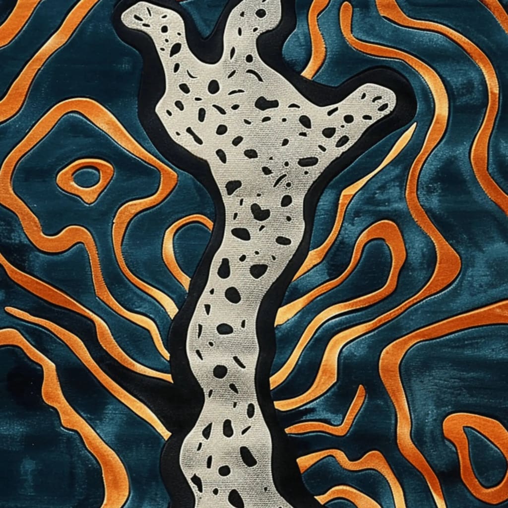 Vibrant abstract design of the Illusionary Prowess Hand Tufted Area Rug, perfect for enhancing any bedroom or living room. This contemporary wool rug features bold orange and black swirls on a deep teal background, adding a modern touch to your space.