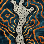Vibrant abstract design of the Illusionary Prowess Hand Tufted Area Rug, perfect for enhancing any bedroom or living room. This contemporary wool rug features bold orange and black swirls on a deep teal background, adding a modern touch to your space.