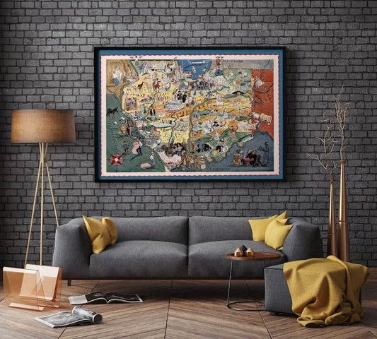 illustrated Map of illinois and indiana| Canvas Wall Art