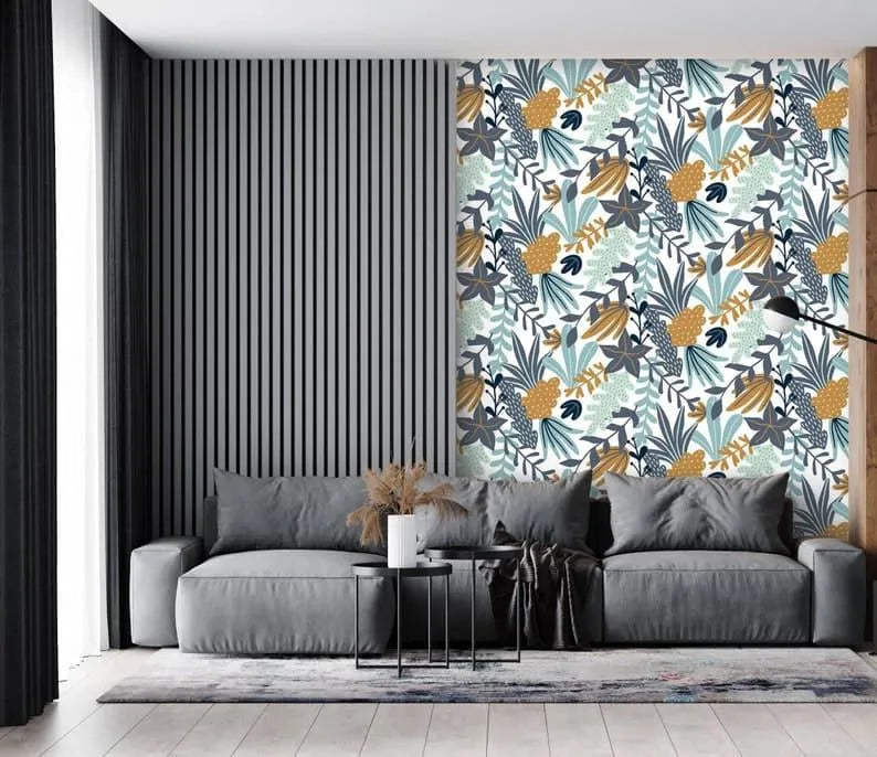 Illustrated Blue Botanical Floral Wallpaper