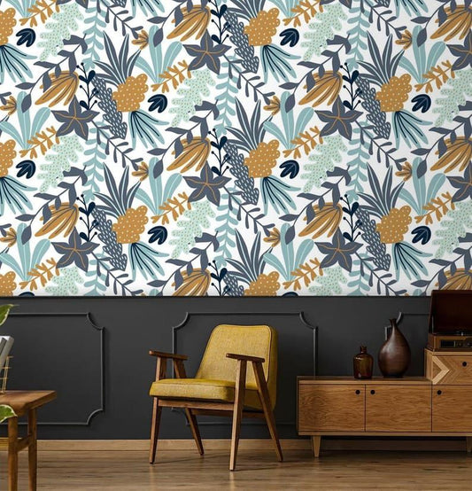 Illustrated Blue Botanical Floral Wallpaper