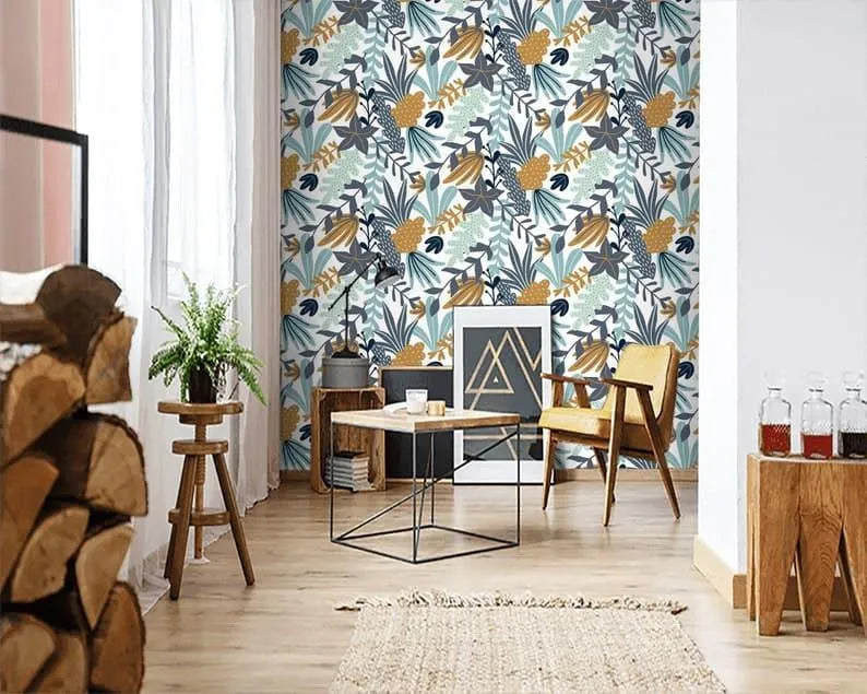 Illustrated Blue Botanical Floral Wallpaper