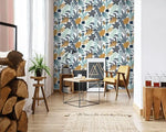 Illustrated Blue Botanical Floral Wallpaper